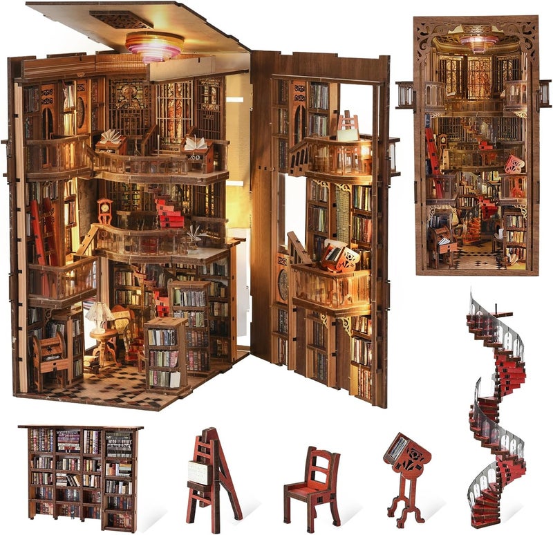 CCCDF Book Nook Library Kit, DIY Miniature Dollhouse Booknook Kit, 3D Wooden Puzzle Bookend Bookshelf with LED Light for Adults Teens (Abbey Library) - Image 1